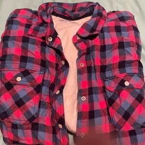 Plaid button up sweater/shirt with fleece inside size lg